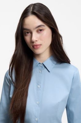 Slim-fit blouse in easy-iron cotton-blend twill, Light Blue