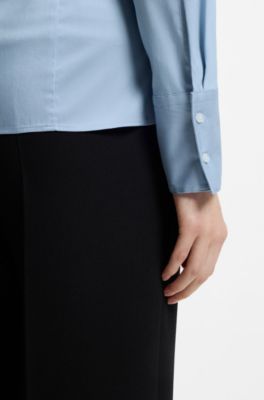 Slim-fit blouse in easy-iron cotton-blend twill, Light Blue