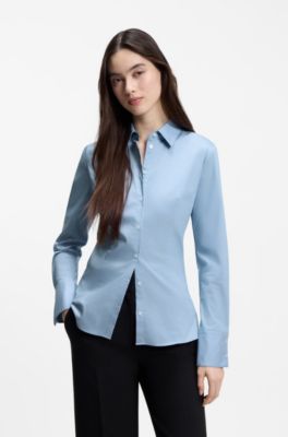 Gemakkelijk te strijken slim-fit blouse in een keperstof van een katoenmix, Lichtblauw