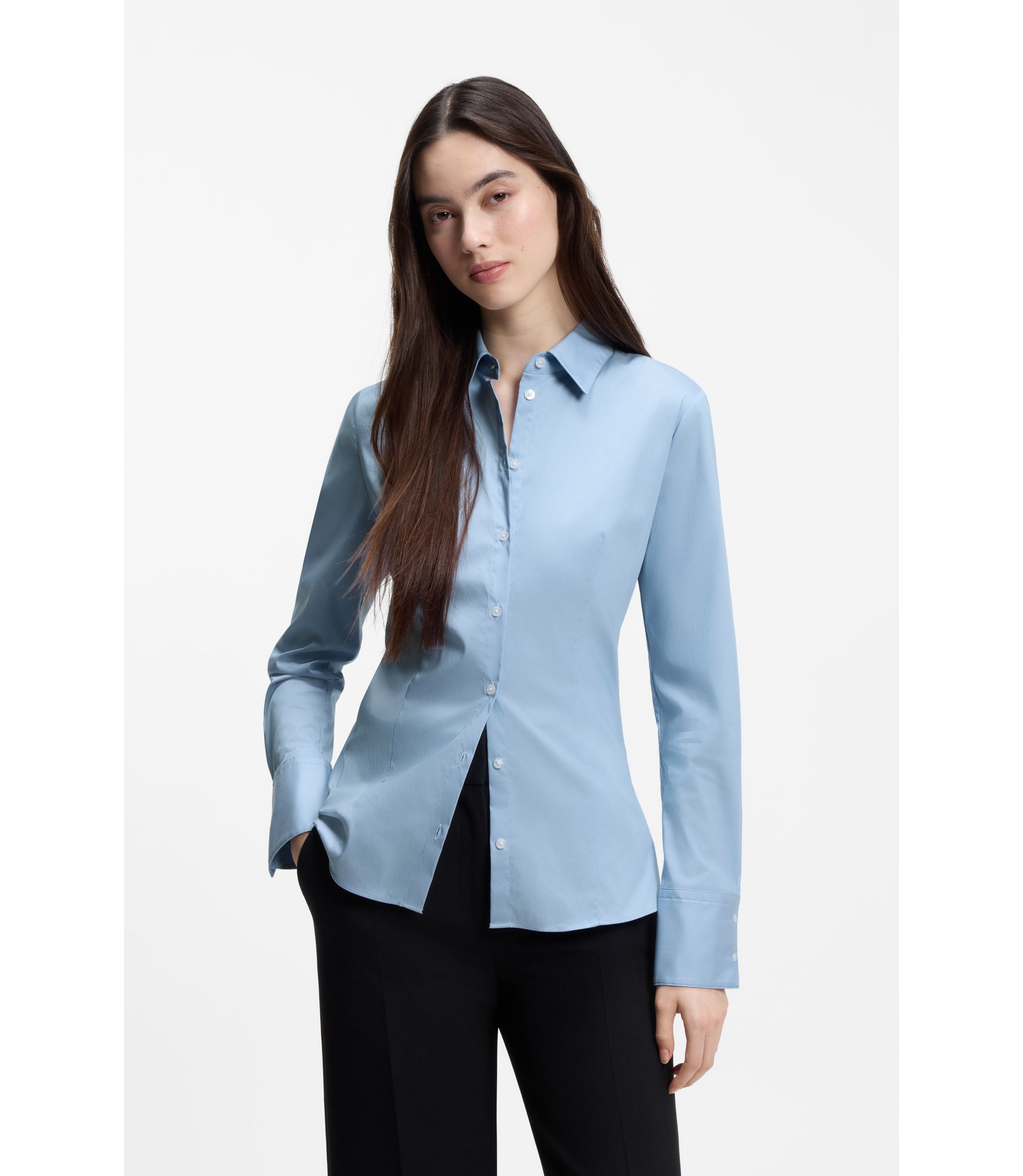Slim-Fit Bluse aus bügelleichtem Baumwoll-Mix mit Twill-Struktur