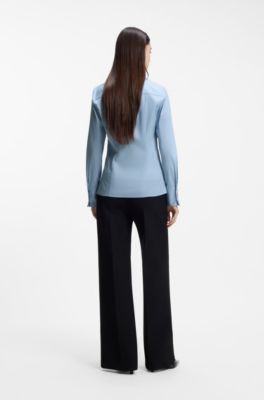 Slim-fit blouse in easy-iron cotton-blend twill, Light Blue