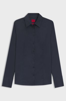 Slim-fit blouse in easy-iron cotton-blend twill, Dark Blue