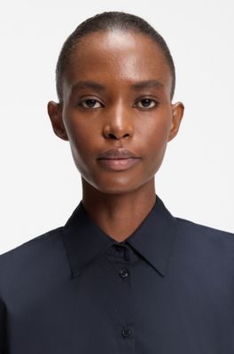 Slim-fit blouse in easy-iron cotton-blend twill, Dark Blue