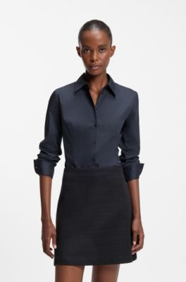 Blusa slim fit de sarga de algod&oacute;n de planchado f&aacute;cil, Azul oscuro