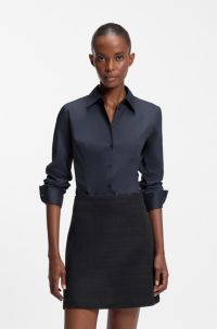 Chemisier Slim en twill de coton m&eacute;lang&eacute; facile &agrave; repasser, Bleu fonc&eacute;