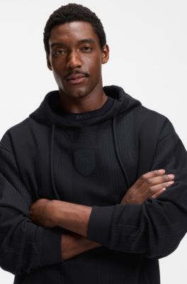 Relaxed-fit striped hoodie with Double B monogram crest, Dark Blue