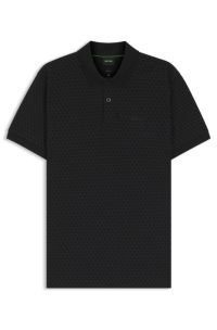 Cotton-piqué polo shirt with printed pattern, Black