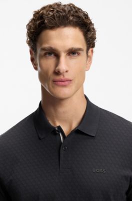 Cotton-piqu&eacute; polo shirt with printed pattern, Dark Blue
