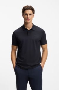 Cotton-piqué polo shirt with printed pattern, Dark Blue
