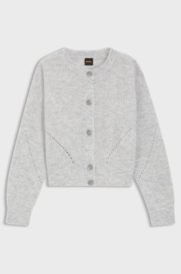Regular-fit cardigan with open-work stitching, Light Grey