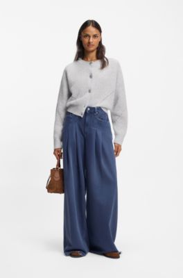 Regular-fit cardigan with open-work stitching, Light Grey