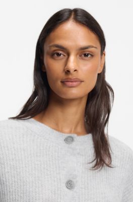 Regular-fit cardigan with open-work stitching, Light Grey
