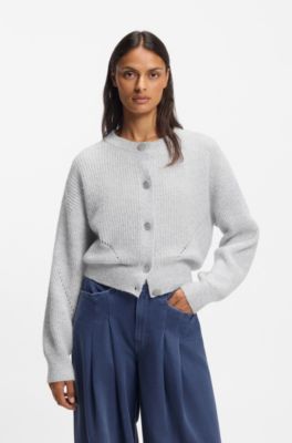 Regular-fit cardigan with open-work stitching, Light Grey