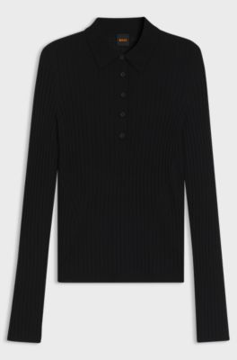 Polo-collar sweater in a sheer wool blend, Black