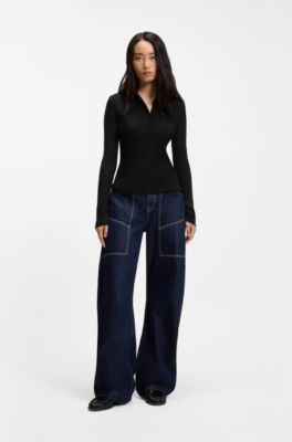 Polo-collar sweater in a sheer wool blend, Black