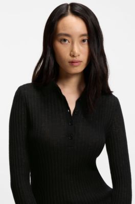 Polo-collar sweater in a sheer wool blend, Black