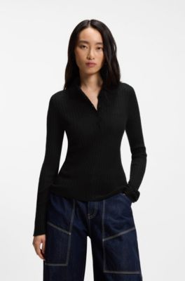 Polo-collar sweater in a sheer wool blend, Black