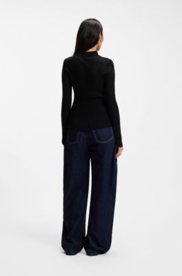 Polo-collar sweater in a sheer wool blend, Black