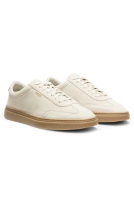 Low-top trainers in suede with leather trims, White
