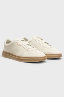 Low-top trainers in suede with leather trims, Natural