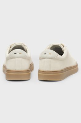 Low-top trainers in suede with leather trims, Natural