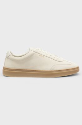 Low-top trainers in suede with leather trims, Natural