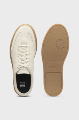 Low-top trainers in suede with leather trims, Natural