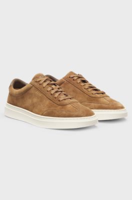 Low-top trainers in suede with leather trims, Beige