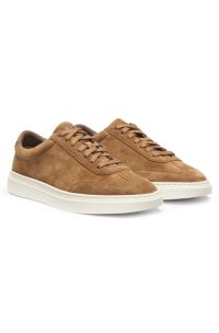 Low-top trainers in suede with leather trims, Beige