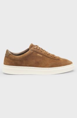 Low-top trainers in suede with leather trims, Beige