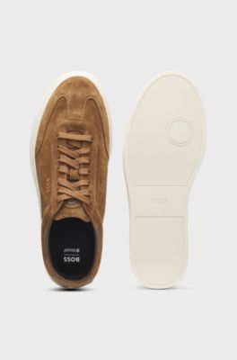 Low-top trainers in suede with leather trims, Beige
