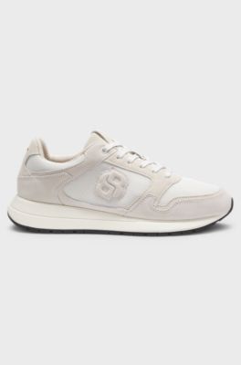 Suede trainers with Double B monogram, Natural