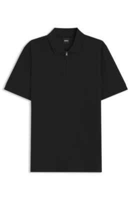 Cotton-blend polo shirt with zip placket, Black