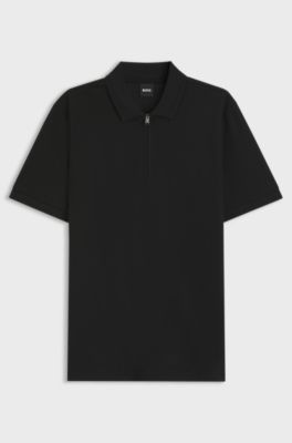 Cotton-blend polo shirt with zip placket, Black