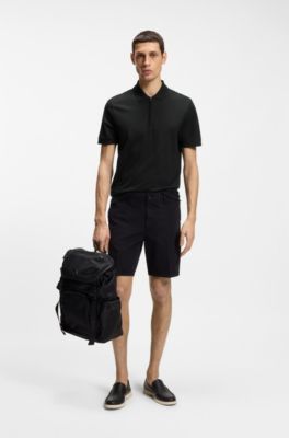 Cotton-blend polo shirt with zip placket, Black