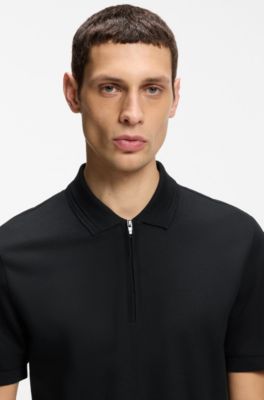 Cotton-blend polo shirt with zip placket, Black
