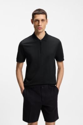 Cotton-blend polo shirt with zip placket, Black