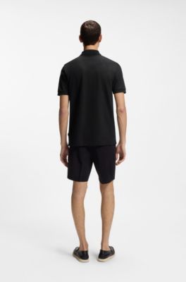Cotton-blend polo shirt with zip placket, Black