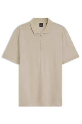Cotton-blend polo shirt with zip placket, Light Beige
