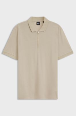 Cotton-blend polo shirt with zip placket, Light Beige
