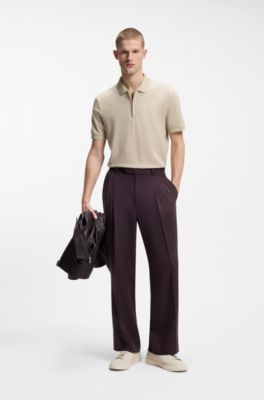 Cotton-blend polo shirt with zip placket, Light Beige