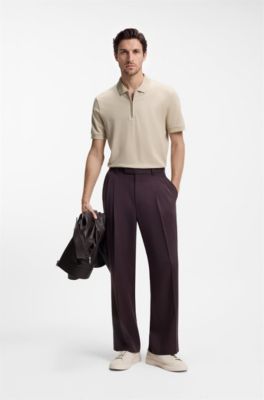 Cotton-blend polo shirt with zip placket, Light Beige