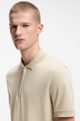 Cotton-blend polo shirt with zip placket, Light Beige