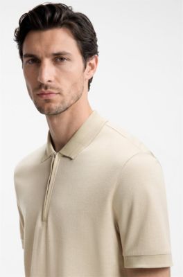 Cotton-blend polo shirt with zip placket, Light Beige