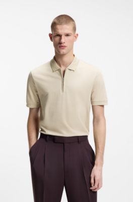 Cotton-blend polo shirt with zip placket, Light Beige