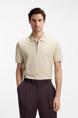 Cotton-blend polo shirt with zip placket, Light Beige
