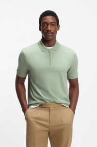 Cotton-blend polo shirt with zip placket, Light Green