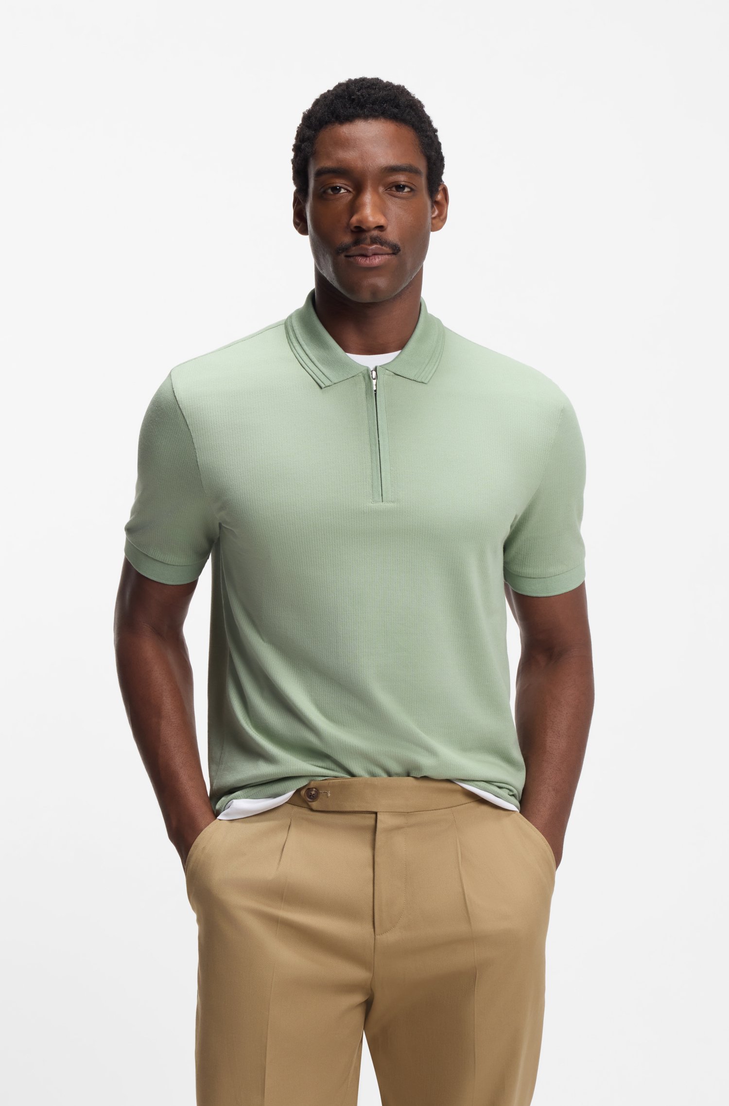 Boss Cotton-blend polo shirt with zip placket pikéer herr
