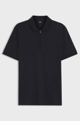 Cotton-blend polo shirt with zip placket, Dark Blue
