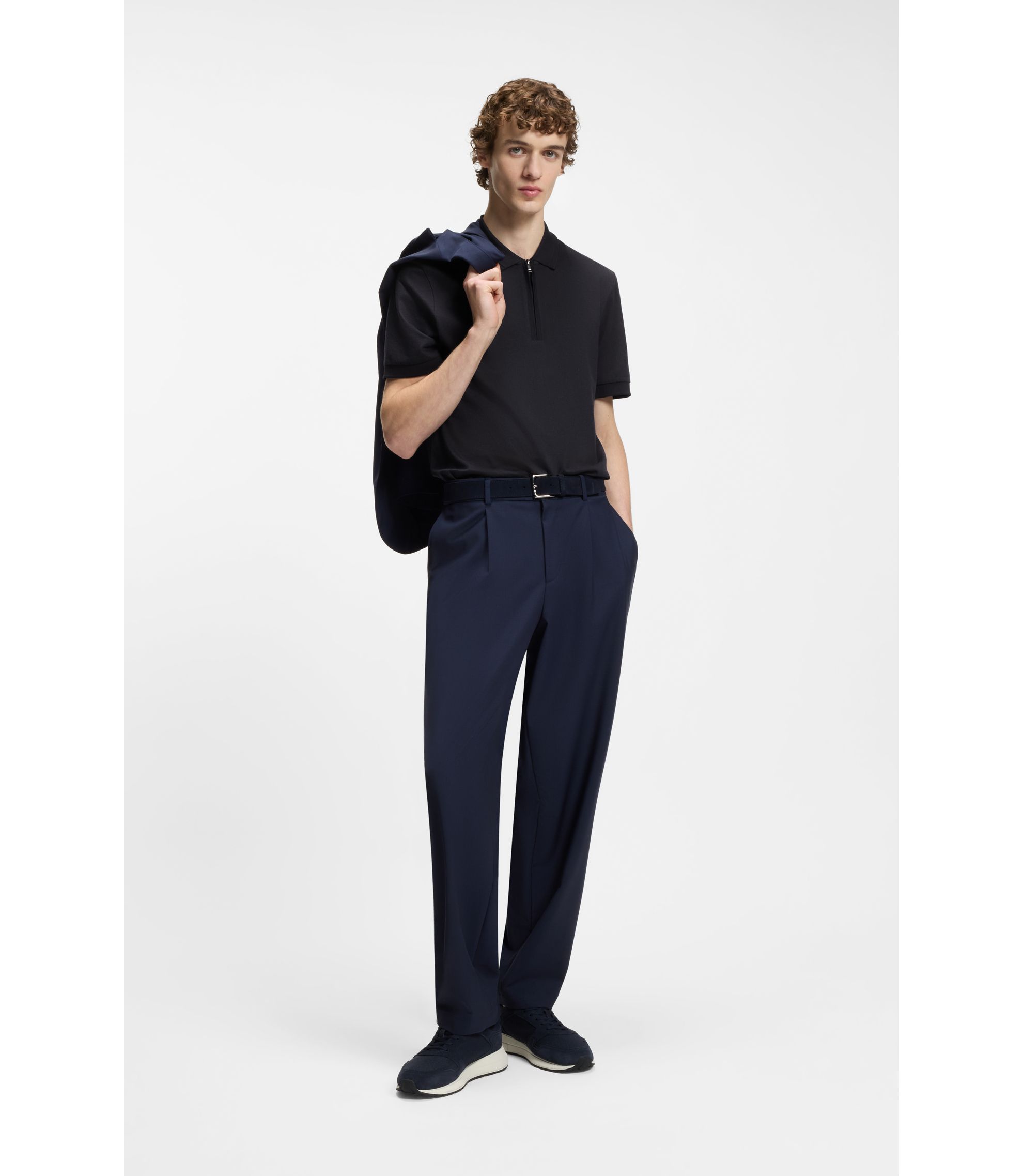 BOSS - Cotton-blend polo shirt with zip placket - Dark Blue